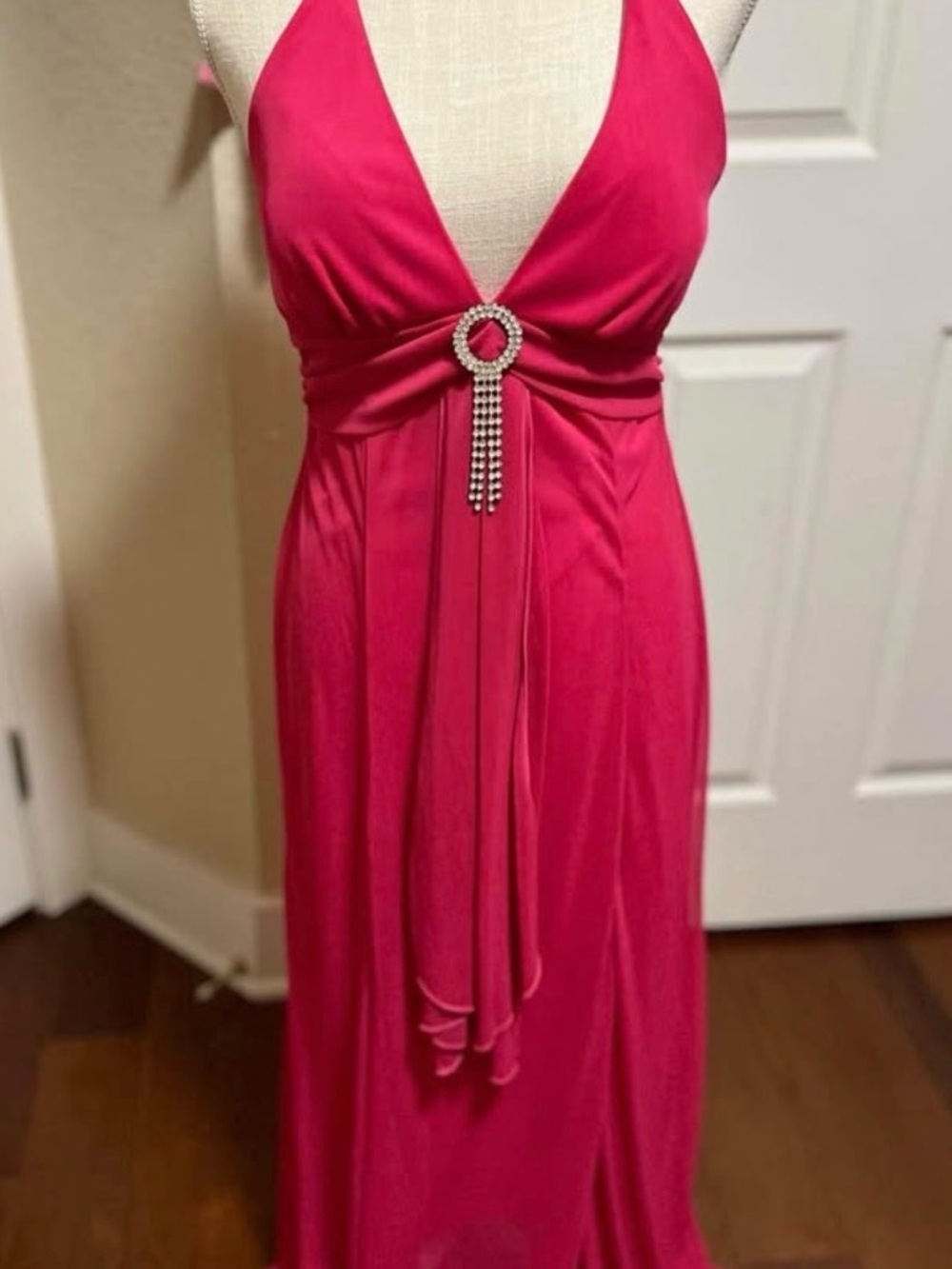 BCBGMaxAzria Hot Pink One-Shoulder Evening Gown with Rhinestone Accent
